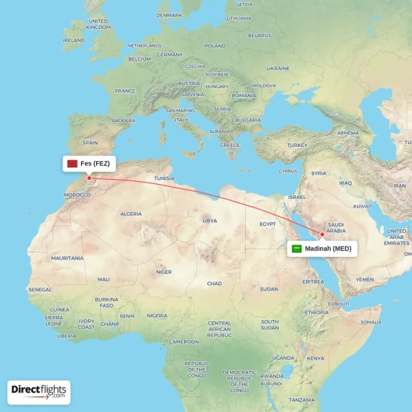 Fes - Madinah direct flight map