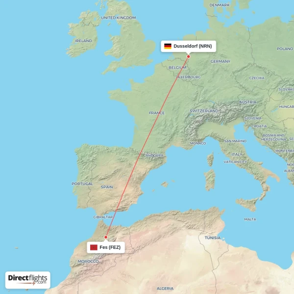 Fes - Dusseldorf direct flight map