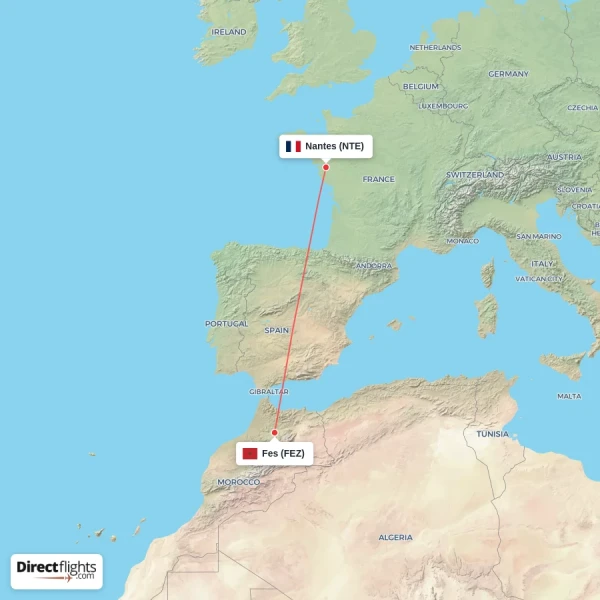 Fes - Nantes direct flight map