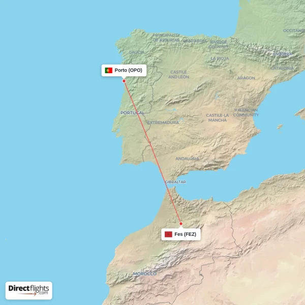 Fes - Porto direct flight map