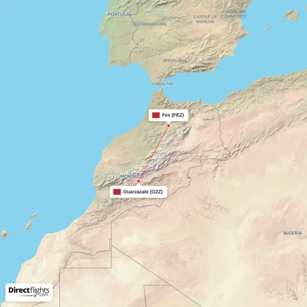 Fes - Ouarzazate direct flight map