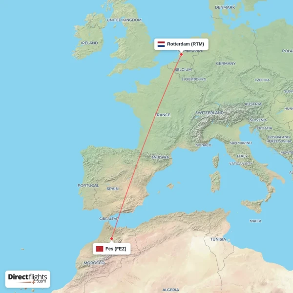 Fes - Rotterdam direct flight map