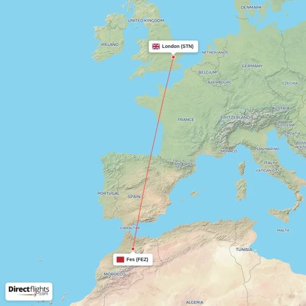 Fes - London direct flight map