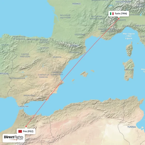 Fes - Turin direct flight map