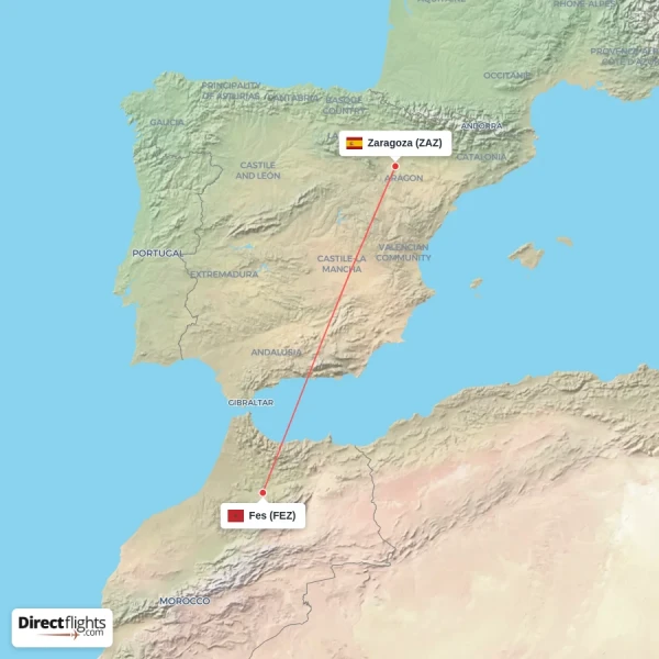 Fes - Zaragoza direct flight map
