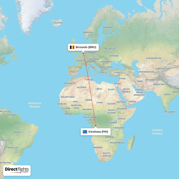 Kinshasa - Brussels direct flight map