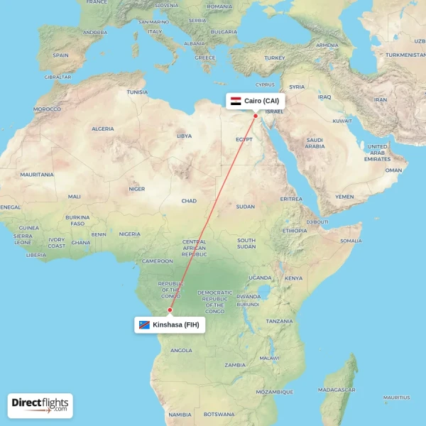 Kinshasa - Cairo direct flight map