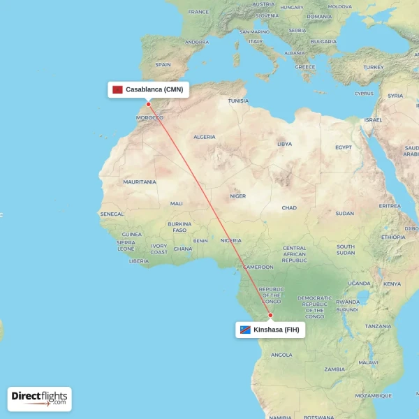 Kinshasa - Casablanca direct flight map