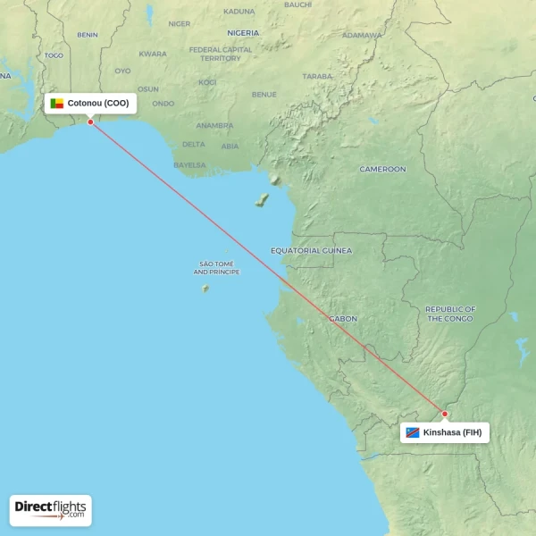 Kinshasa - Cotonou direct flight map