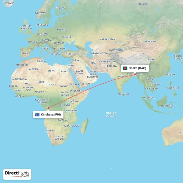 Kinshasa - Dhaka direct flight map