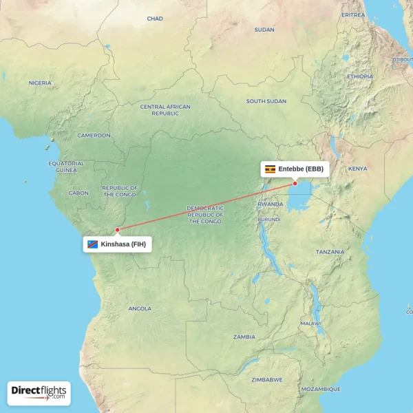 Kinshasa - Entebbe direct flight map