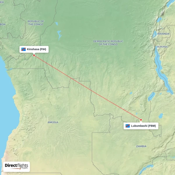 Kinshasa - Lubumbashi direct flight map