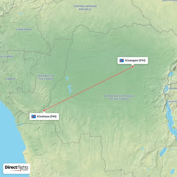 Kinshasa - Kisangani direct flight map