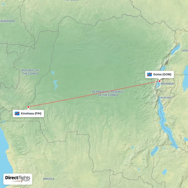 Kinshasa - Goma direct flight map
