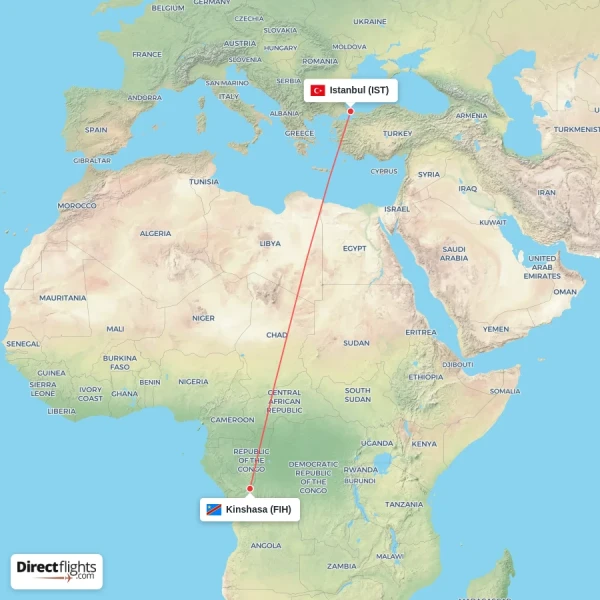 Kinshasa - Istanbul direct flight map