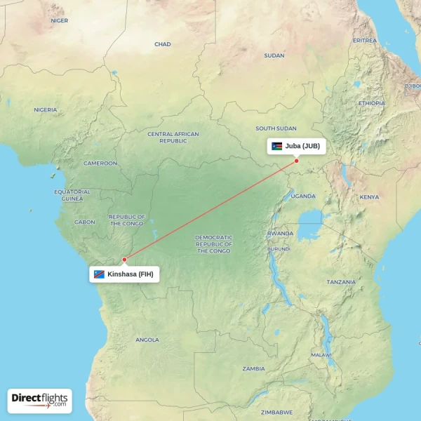 Kinshasa - Juba direct flight map