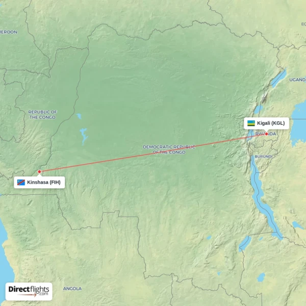 Kinshasa - Kigali direct flight map