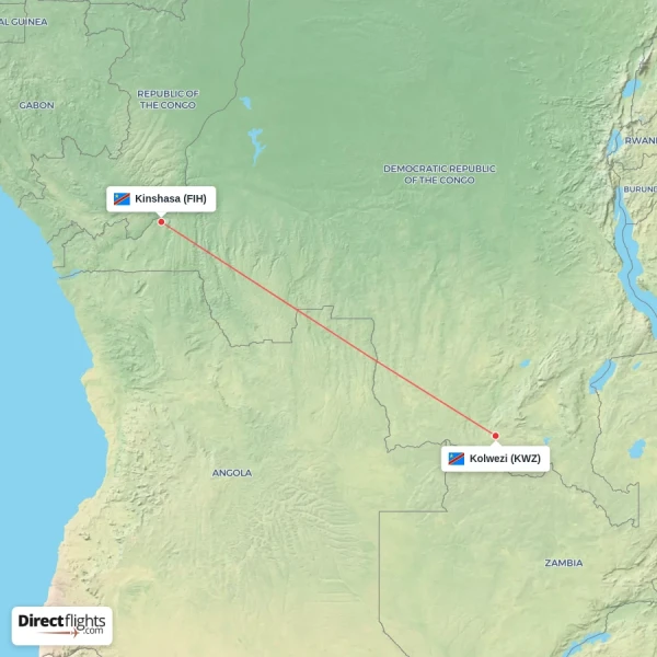Kinshasa - Kolwezi direct flight map