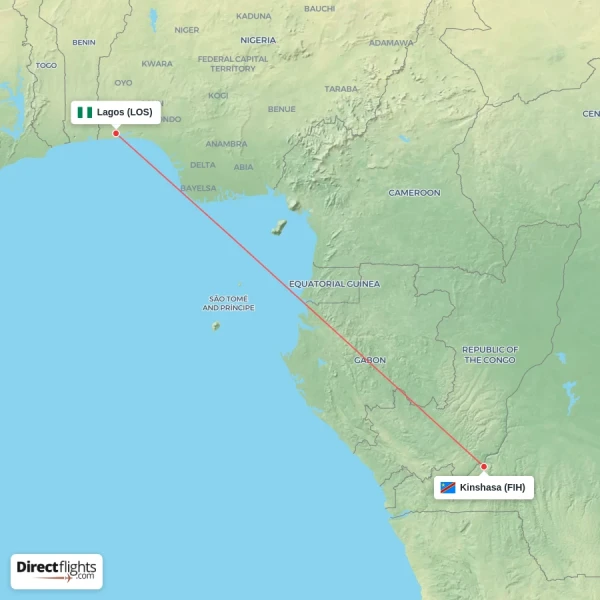 Kinshasa - Lagos direct flight map