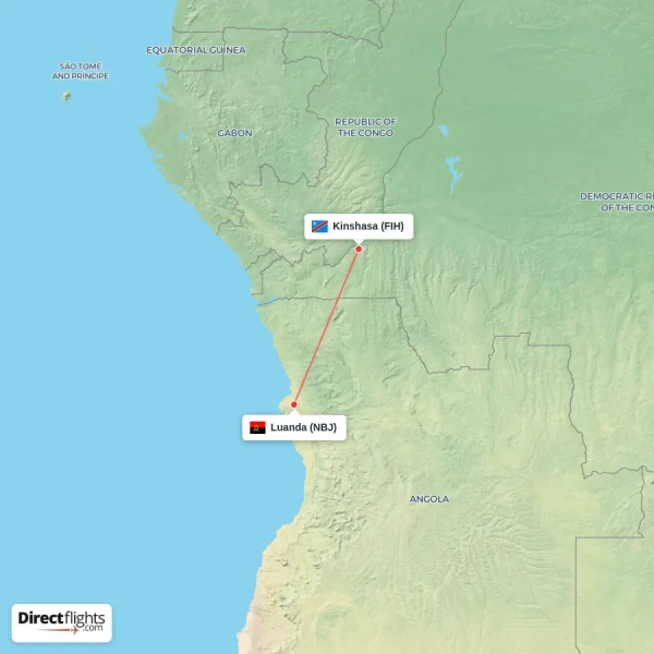Kinshasa - Luanda direct flight map