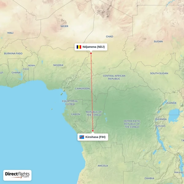 Kinshasa - Ndjamena direct flight map
