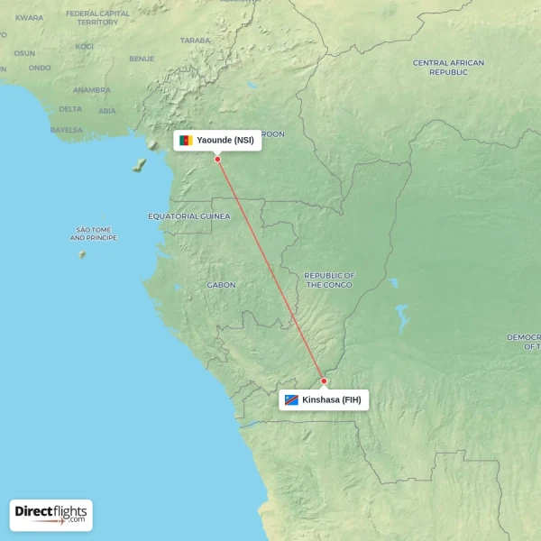 Kinshasa - Yaounde direct flight map