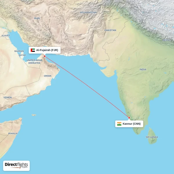 Al-Fujairah - Kannur direct flight map