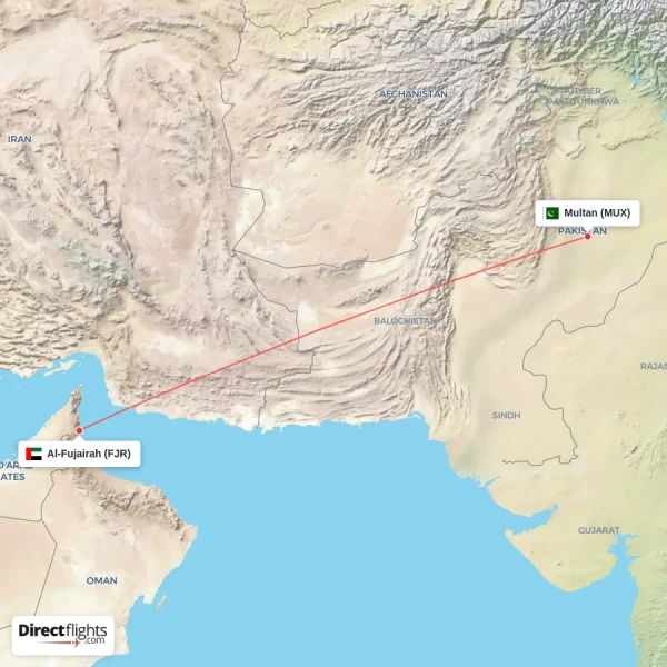 Al-Fujairah - Multan direct flight map