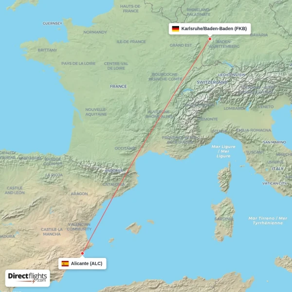 Karlsruhe/Baden-Baden - Alicante direct flight map