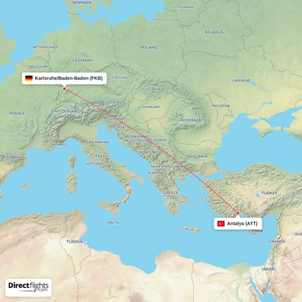 Karlsruhe/Baden-Baden - Antalya direct flight map