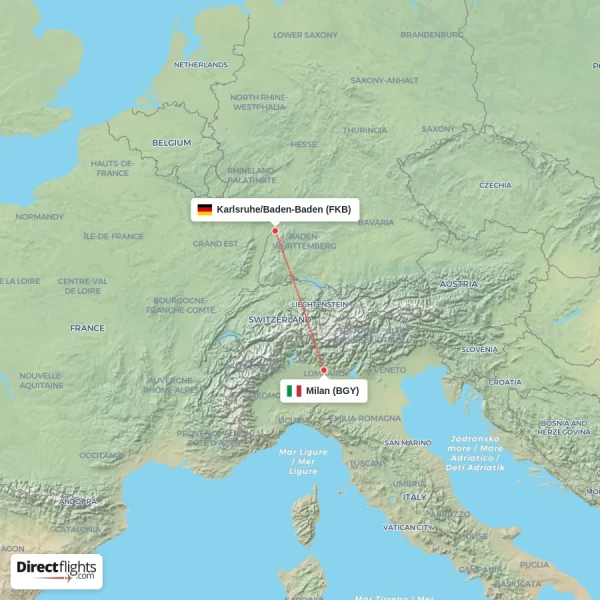Karlsruhe/Baden-Baden - Milan direct flight map