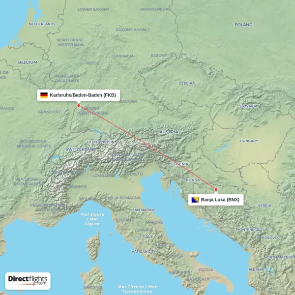 Karlsruhe/Baden-Baden - Banja Luka direct flight map