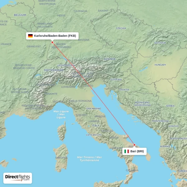 Karlsruhe/Baden-Baden - Bari direct flight map