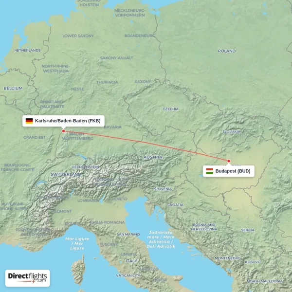 Karlsruhe/Baden-Baden - Budapest direct flight map