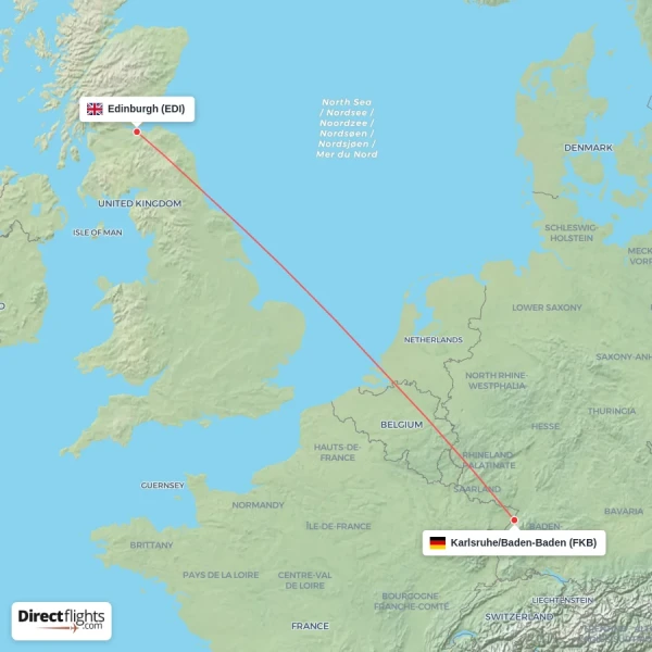 Karlsruhe/Baden-Baden - Edinburgh direct flight map