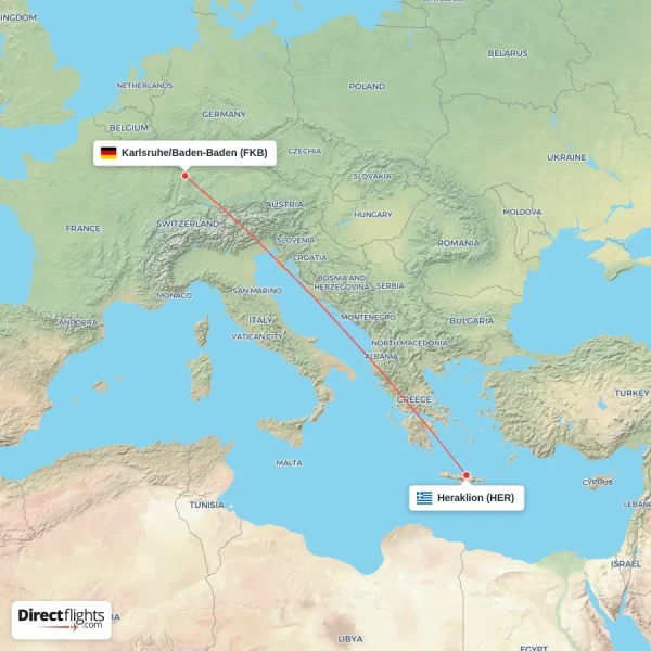Karlsruhe/Baden-Baden - Heraklion direct flight map