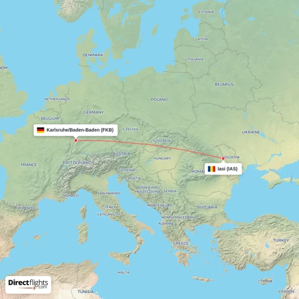 Karlsruhe/Baden-Baden - Iasi direct flight map