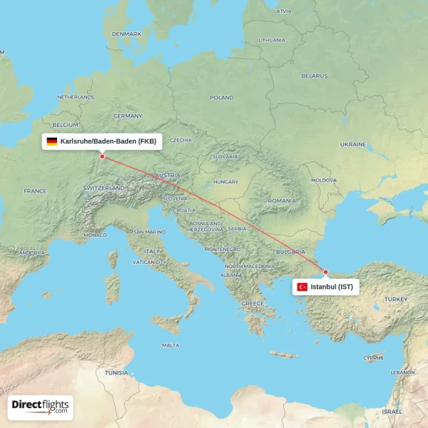Karlsruhe/Baden-Baden - Istanbul direct flight map