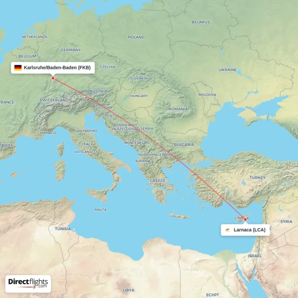 Karlsruhe/Baden-Baden - Larnaca direct flight map