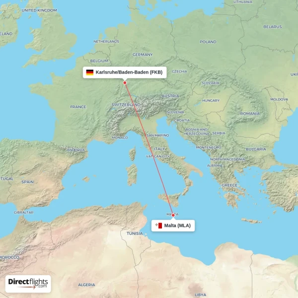 Karlsruhe/Baden-Baden - Malta direct flight map