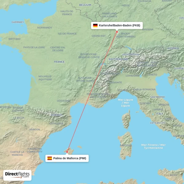Karlsruhe/Baden-Baden - Palma de Mallorca direct flight map