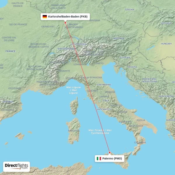 Karlsruhe/Baden-Baden - Palermo direct flight map
