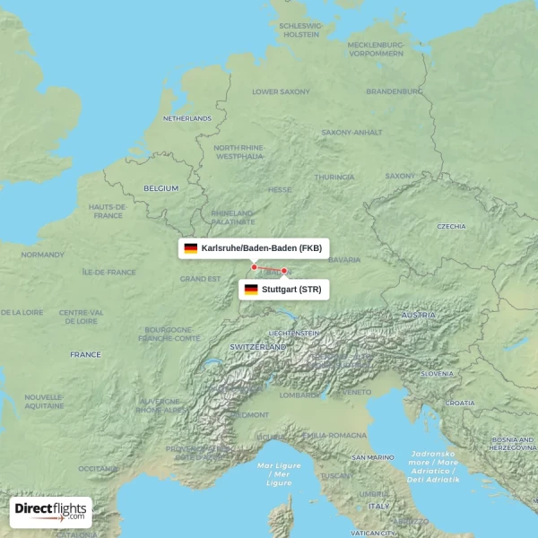 Karlsruhe/Baden-Baden - Stuttgart direct flight map