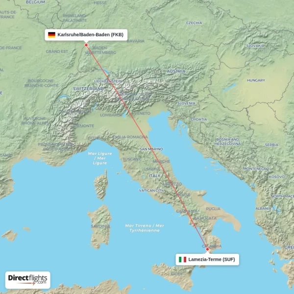 Karlsruhe/Baden-Baden - Lamezia-Terme direct flight map