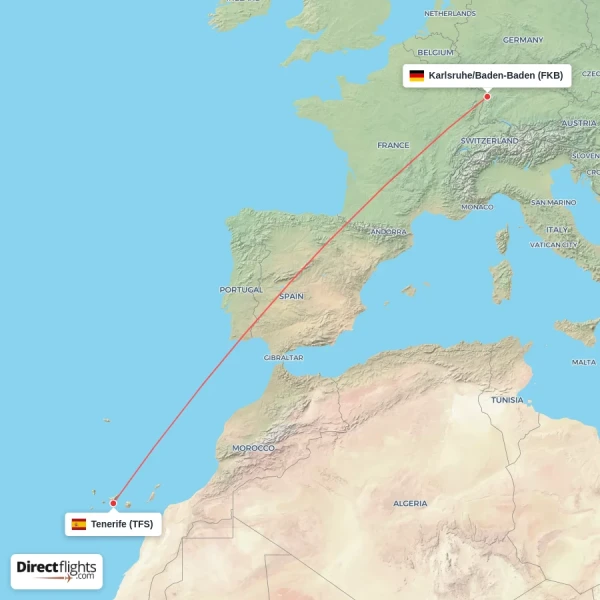 Karlsruhe/Baden-Baden - Tenerife direct flight map