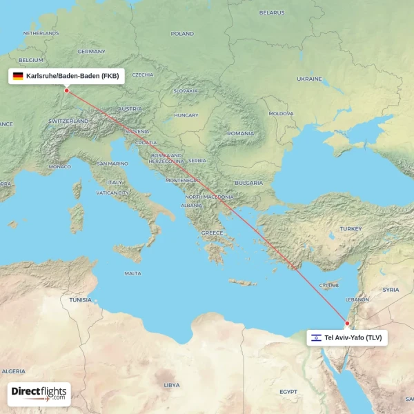 Karlsruhe/Baden-Baden - Tel Aviv-Yafo direct flight map