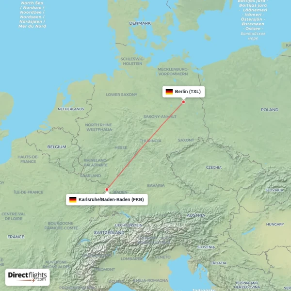 Karlsruhe/Baden-Baden - Berlin direct flight map