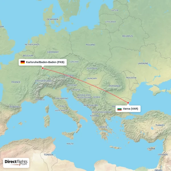 Karlsruhe/Baden-Baden - Varna direct flight map