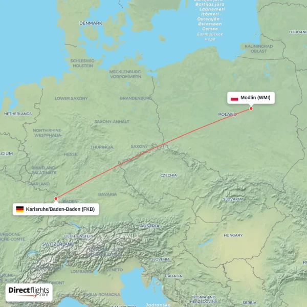 Karlsruhe/Baden-Baden - Modlin direct flight map