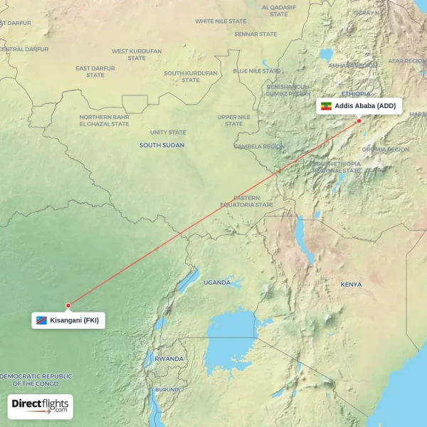Kisangani - Addis Ababa direct flight map